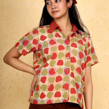 Handcrafted Apple Print Cotton Half Sleeve Casual Shirt